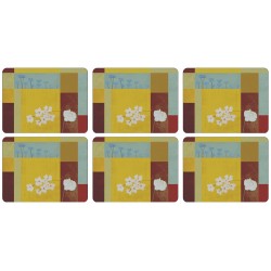 Yellow abstract flower pattern, set of 6 corkbacked placemats showing white daisies in squares