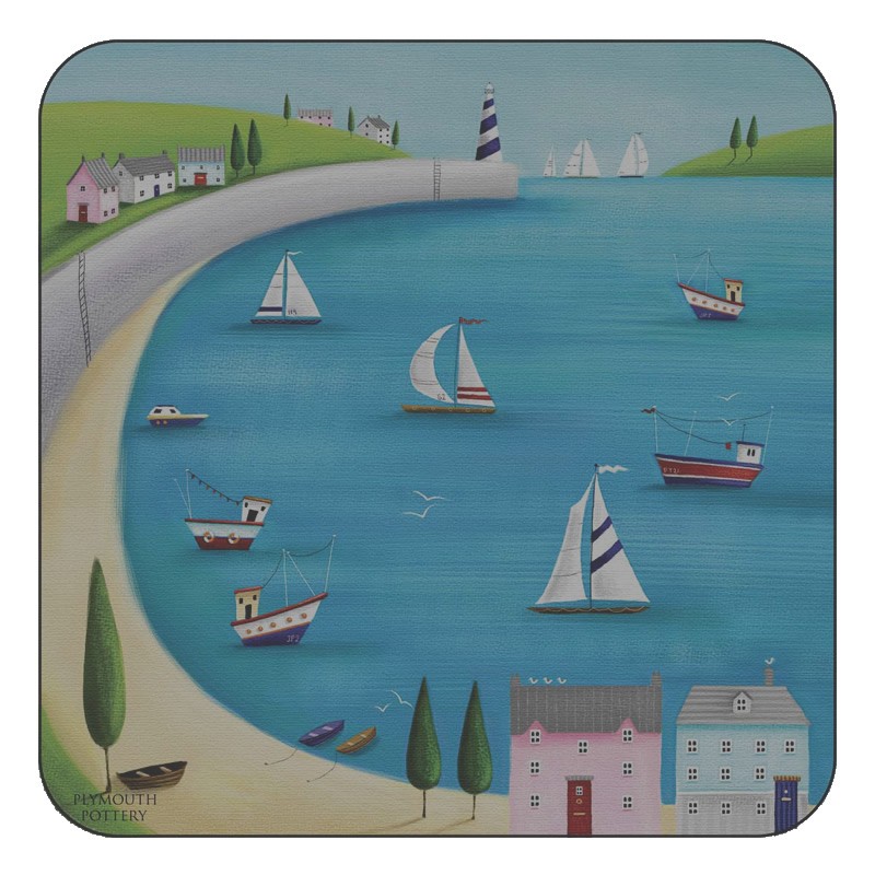 Nautical drinks coasters, Harbour View square corkbacked design