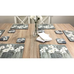 Table setting with Floral corkbacked coasters, White Poppies design