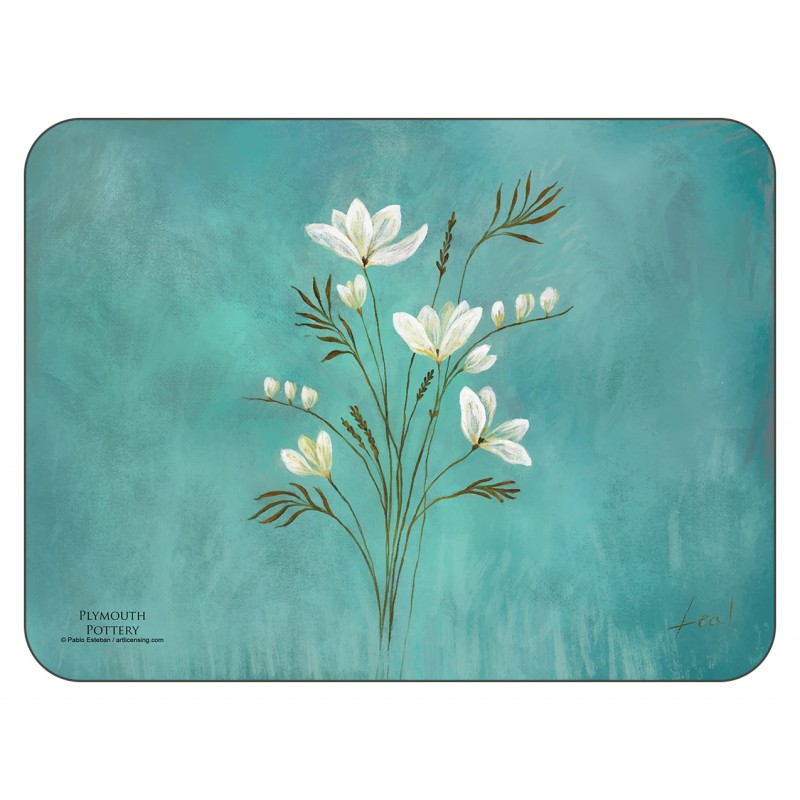 Infinity design, teal blue background, corkbacked floral placemats